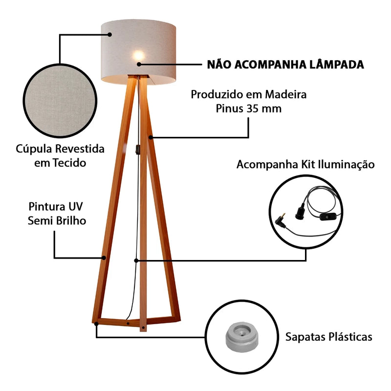 Luminária de Chão Tripé em Madeira