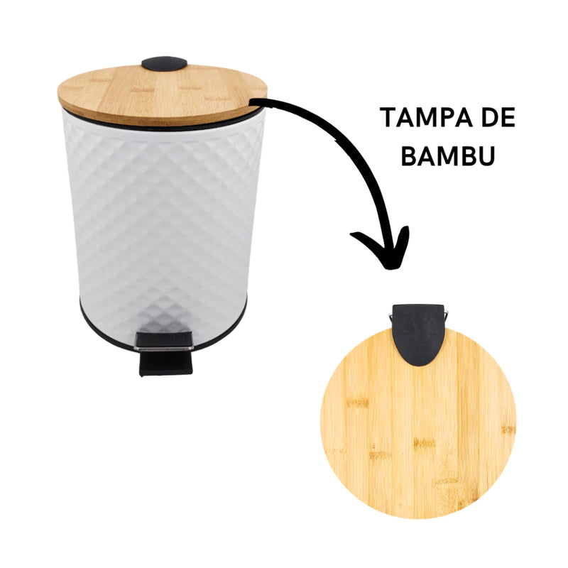 Lixeira com Tampa de Bambu 5 litros - Branco e Preto