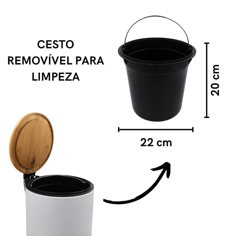 Lixeira com Tampa de Bambu 5 litros - Branco e Preto