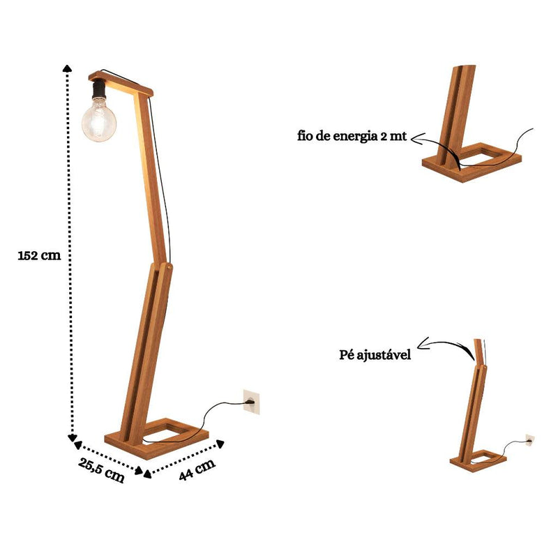 Luminaria de Chão em Madeira com Pé Ajustável