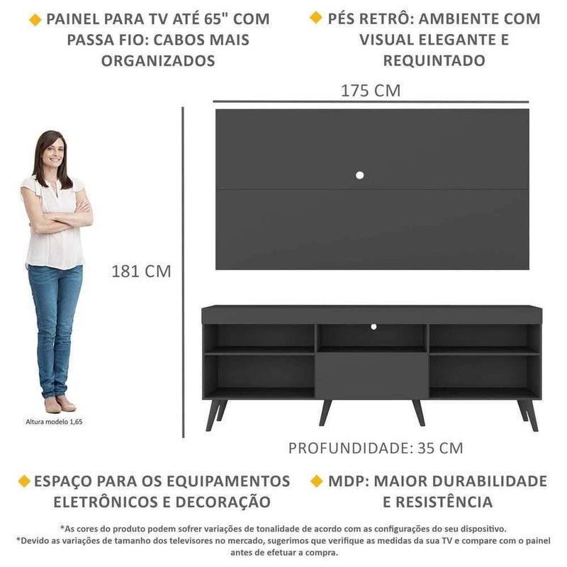 Rack com Painel TV 65" Retrô Multimóveis - Preto