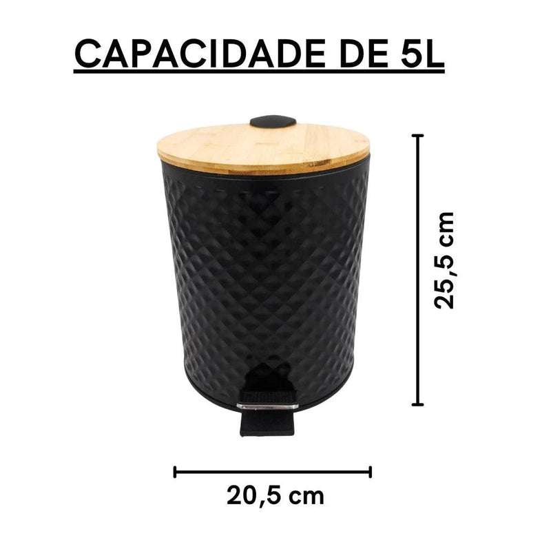 Lixeira com Tampa de Bambu 5 litros - Branco e Preto