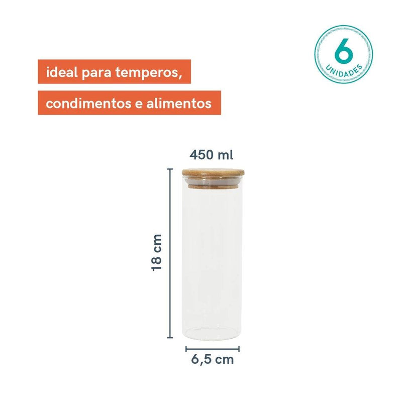 Conjunto 6 Potes de Vidro 450ml - Tampa Bambu